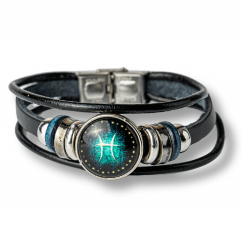Creativitate si Inspiratie - Bratara Zodiacala ajustabila din Piele Sintetica cu Cabochon Rotund – Simbol Astrologic Personalizat pentru Energie si Identitate Astrala
