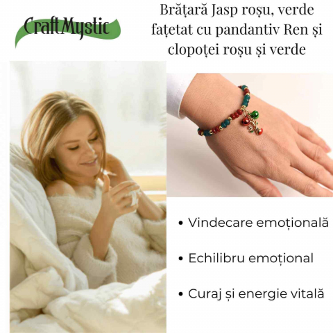 Bratara naturala Jasp rosu si verde fatetat cu accesoriu ren si clopotei - energie si eleganta [4]