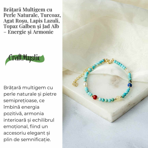 Bratara Multigem – Turcoaz, Agat Rosu, Lapis Lazuli, Jad Alb, Topaz Galben si Perla Naturala – Energie Pozitiva si Armonie [2]
