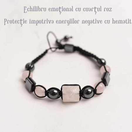 Bratara Ajustabila Impletita cu Margele din Cuart Roz si Hematit de 8mm si Forma de Piramida - Cadou Special [2]