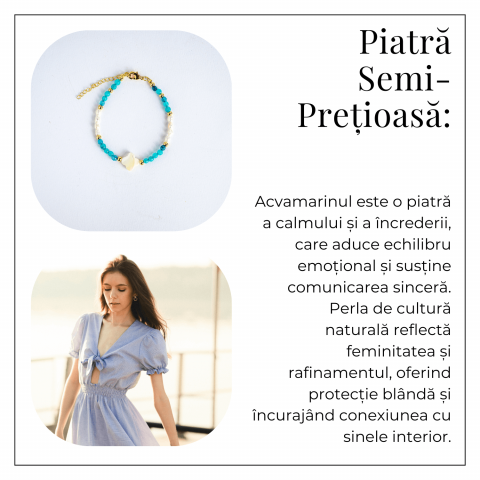 Bratara eleganta cu acvamarin si perle naturale pentru claritate mentala si liniste interioara. Lucrata manual, ideala pentru zodiile Rac, Pesti, Balanta. Potrivita pentru chakrele gâtului si coroanei. [5]