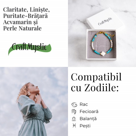 Bratara eleganta cu acvamarin si perle naturale pentru claritate mentala si liniste interioara. Lucrata manual, ideala pentru zodiile Rac, Pesti, Balanta. Potrivita pentru chakrele gâtului si coroanei. [4]