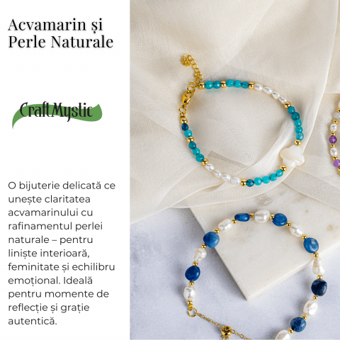 Bratara eleganta cu acvamarin si perle naturale pentru claritate mentala si liniste interioara. Lucrata manual, ideala pentru zodiile Rac, Pesti, Balanta. Potrivita pentru chakrele gâtului si coroanei. [2]