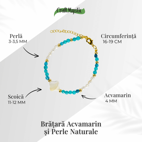 Bratara eleganta cu acvamarin si perle naturale pentru claritate mentala si liniste interioara. Lucrata manual, ideala pentru zodiile Rac, Pesti, Balanta. Potrivita pentru chakrele gâtului si coroanei. [3]