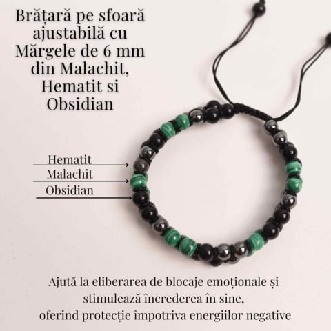 Bratara Tripla Protectie cu Cristale de Malachit, Obsidian Negru si Hematit - Echilibru si Forta [2]