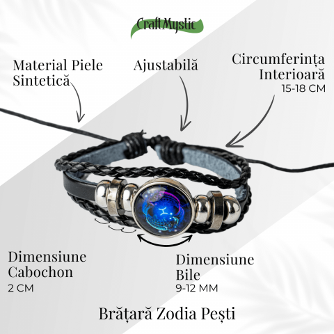 Bratara Zodiacala ajustabila din Piele Sintetica cu Cabochon Rotund – Simbol Astrologic Personalizat pentru Energie si Identitate Astrala [4]