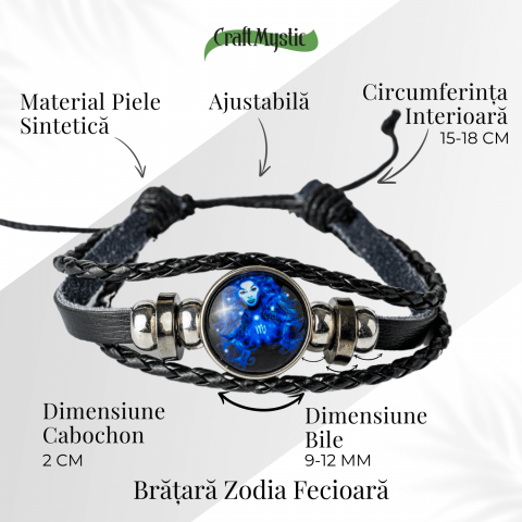Bratara Zodiacala ajustabila din Piele Sintetica cu Cabochon Rotund – Simbol Astrologic Personalizat pentru Energie si Identitate Astrala [15]