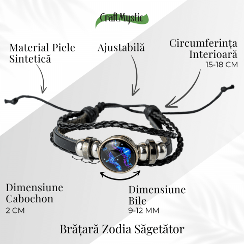 Bratara Zodiacala ajustabila din Piele Sintetica cu Cabochon Rotund – Simbol Astrologic Personalizat pentru Energie si Identitate Astrala [29]