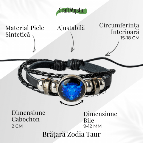 Bratara Zodiacala ajustabila din Piele Sintetica cu Cabochon Rotund – Simbol Astrologic Personalizat pentru Energie si Identitate Astrala [43]