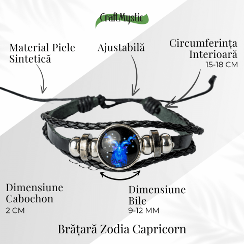 Bratara Zodiacala ajustabila din Piele Sintetica cu Cabochon Rotund – Simbol Astrologic Personalizat pentru Energie si Identitate Astrala [22]