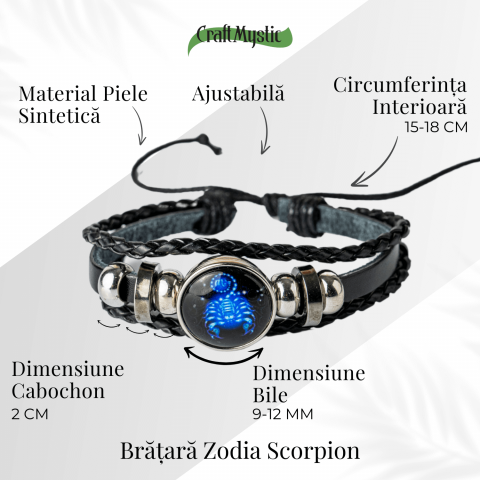 Bratara Zodiacala ajustabila din Piele Sintetica cu Cabochon Rotund – Simbol Astrologic Personalizat pentru Energie si Identitate Astrala [36]