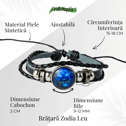 Bratara Zodiacala ajustabila din Piele Sintetica cu Cabochon Rotund – Simbol Astrologic Personalizat pentru Energie si Identitate Astrala [22]