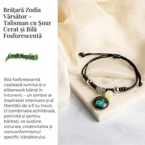 Bratara Zodiacala Ajustabila din Sfoara Cerata si Piele Sintetica – Cabochon Rotund cu Semn Zodiacal si Bila Fosforescenta [2]