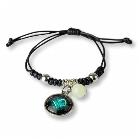 Bratara Zodiacala Ajustabila din Sfoara Cerata si Piele Sintetica – Cabochon Rotund cu Semn Zodiacal si Bila Fosforescenta [9]