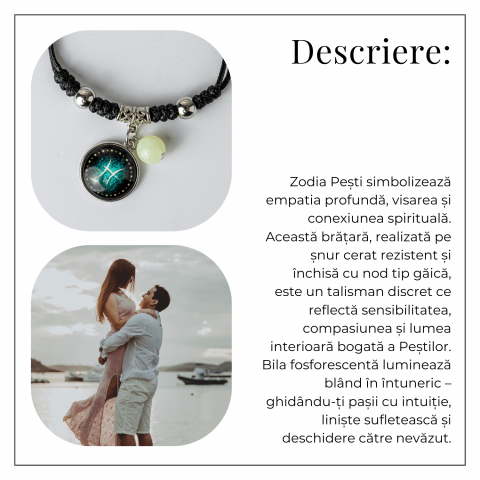 Bratara Zodiacala Ajustabila din Sfoara Cerata si Piele Sintetica – Cabochon Rotund cu Semn Zodiacal si Bila Fosforescenta [5]