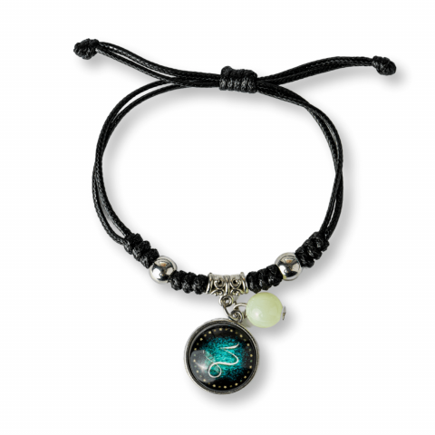 Claritate Mentala si Focus - Bratara Zodiacala Ajustabila din Sfoara Cerata si Piele Sintetica – Cabochon Rotund cu Semn Zodiacal si Bila Fosforescenta