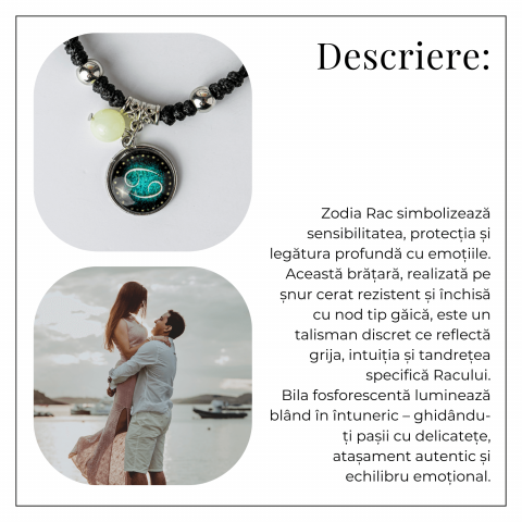 Bratara Zodiacala Ajustabila din Sfoara Cerata si Piele Sintetica – Cabochon Rotund cu Semn Zodiacal si Bila Fosforescenta [2]