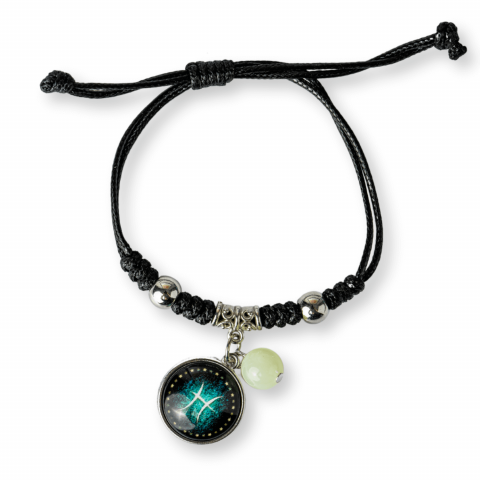 Creativitate si Inspiratie - Bratara Zodiacala Ajustabila din Sfoara Cerata si Piele Sintetica – Cabochon Rotund cu Semn Zodiacal si Bila Fosforescenta