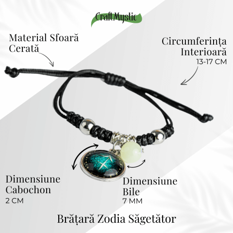 Bratara Zodiacala Ajustabila din Sfoara Cerata si Piele Sintetica – Cabochon Rotund cu Semn Zodiacal si Bila Fosforescenta [4]