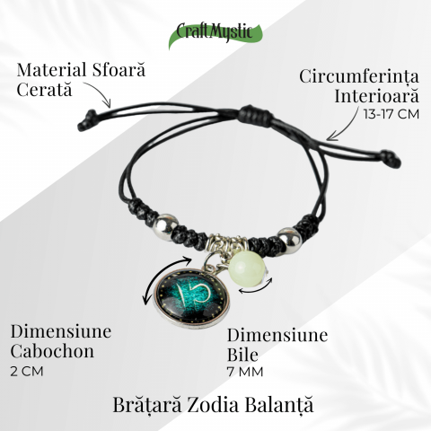 Bratara Zodiacala Ajustabila din Sfoara Cerata si Piele Sintetica – Cabochon Rotund cu Semn Zodiacal si Bila Fosforescenta [4]