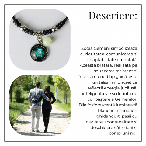 Bratara Zodiacala Ajustabila din Sfoara Cerata si Piele Sintetica – Cabochon Rotund cu Semn Zodiacal si Bila Fosforescenta [5]