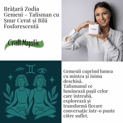 Bratara Zodiacala Ajustabila din Sfoara Cerata si Piele Sintetica – Cabochon Rotund cu Semn Zodiacal si Bila Fosforescenta [3]