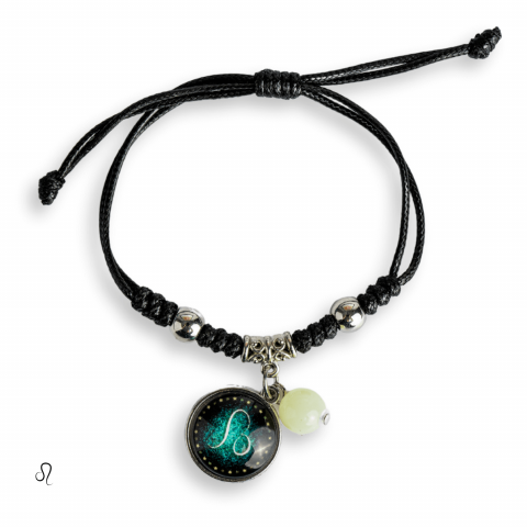 Claritate Mentala si Focus - Bratara Zodiacala Ajustabila din Sfoara Cerata si Piele Sintetica – Cabochon Rotund cu Semn Zodiacal si Bila Fosforescenta