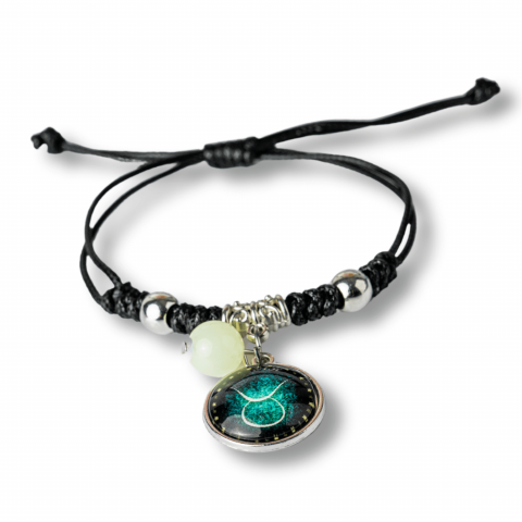 Bratara Zodiacala Ajustabila din Sfoara Cerata si Piele Sintetica – Cabochon Rotund cu Semn Zodiacal si Bila Fosforescenta [9]