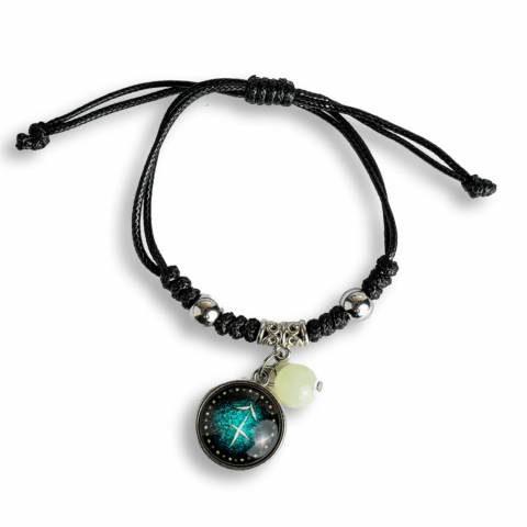 Creativitate si Inspiratie - Bratara Zodiacala Ajustabila din Sfoara Cerata si Piele Sintetica – Cabochon Rotund cu Semn Zodiacal si Bila Fosforescenta