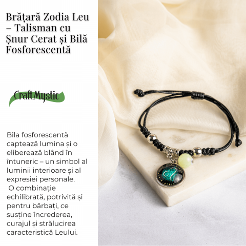 Bratara Zodiacala Ajustabila din Sfoara Cerata si Piele Sintetica – Cabochon Rotund cu Semn Zodiacal si Bila Fosforescenta [3]