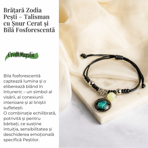 Bratara Zodiacala Ajustabila din Sfoara Cerata si Piele Sintetica – Cabochon Rotund cu Semn Zodiacal si Bila Fosforescenta [2]