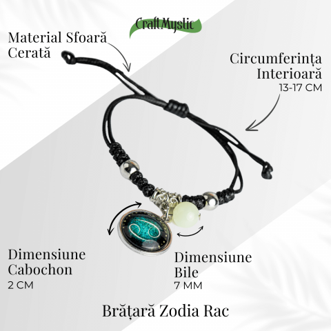 Bratara Zodiacala Ajustabila din Sfoara Cerata si Piele Sintetica – Cabochon Rotund cu Semn Zodiacal si Bila Fosforescenta [4]