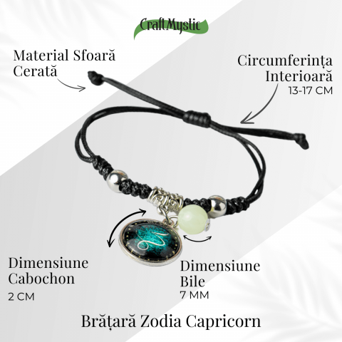 Bratara Zodiacala Ajustabila din Sfoara Cerata si Piele Sintetica – Cabochon Rotund cu Semn Zodiacal si Bila Fosforescenta [4]
