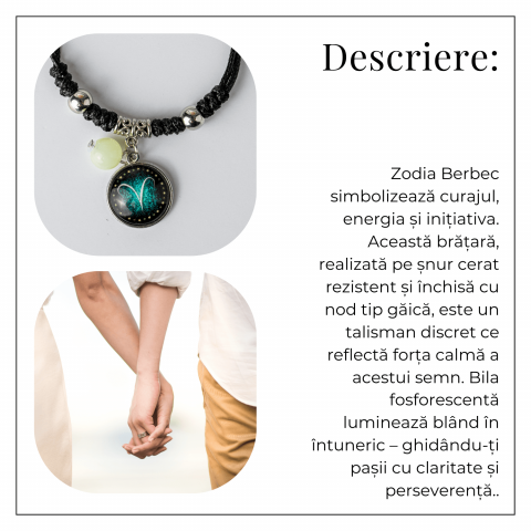 Bratara Zodiacala Ajustabila din Sfoara Cerata si Piele Sintetica – Cabochon Rotund cu Semn Zodiacal si Bila Fosforescenta [2]