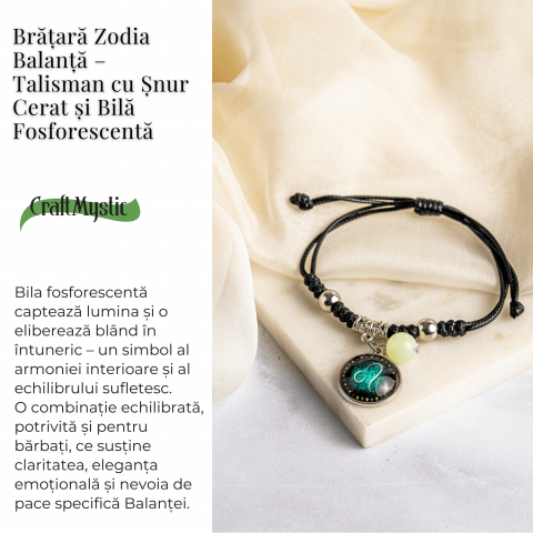 Bratara Zodiacala Ajustabila din Sfoara Cerata si Piele Sintetica – Cabochon Rotund cu Semn Zodiacal si Bila Fosforescenta [5]