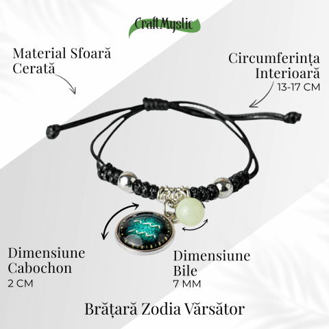 Bratara Zodiacala Ajustabila din Sfoara Cerata si Piele Sintetica – Cabochon Rotund cu Semn Zodiacal si Bila Fosforescenta [4]