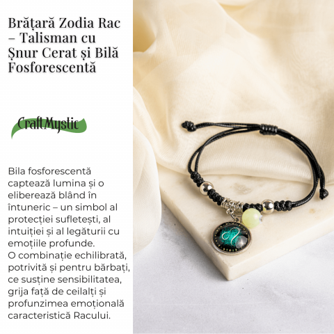 Bratara Zodiacala Ajustabila din Sfoara Cerata si Piele Sintetica – Cabochon Rotund cu Semn Zodiacal si Bila Fosforescenta [1]
