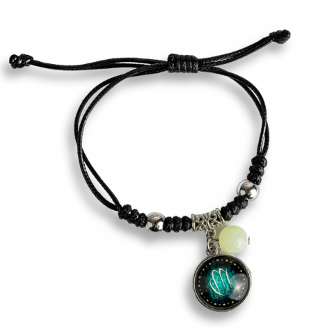 Creativitate si Inspiratie - Bratara Zodiacala Ajustabila din Sfoara Cerata si Piele Sintetica – Cabochon Rotund cu Semn Zodiacal si Bila Fosforescenta