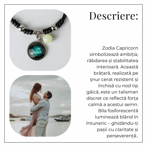 Bratara Zodiacala Ajustabila din Sfoara Cerata si Piele Sintetica – Cabochon Rotund cu Semn Zodiacal si Bila Fosforescenta [5]