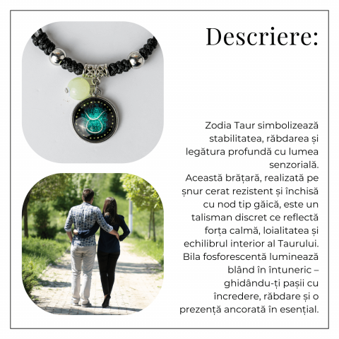 Bratara Zodiacala Ajustabila din Sfoara Cerata si Piele Sintetica – Cabochon Rotund cu Semn Zodiacal si Bila Fosforescenta [4]