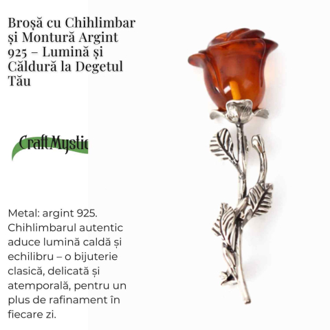 Brosa din Argint 925 cu Chihlimbar Natural – Trandafir al Luminii Calde [3]