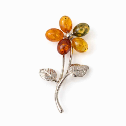 Bijuterii Semiprețioase - Brosa floare din chihlimbar si argint 925, pentru o nota calda la tinuta