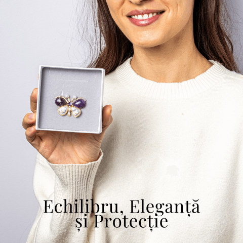 Brosa fluturas ametist cu perla sintetica si montura din cupru – Eleganta si echilibru [1]