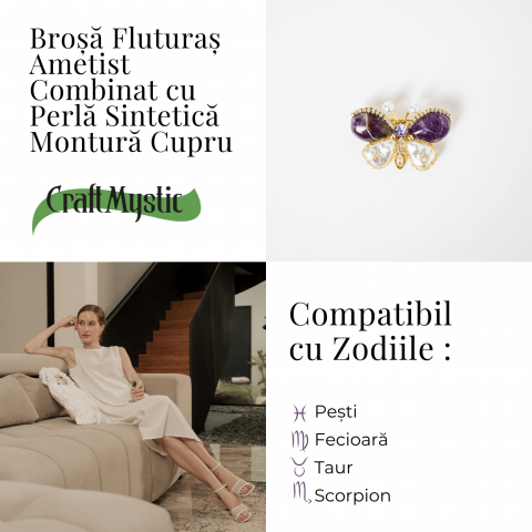 Brosa fluturas ametist cu perla sintetica si montura din cupru – Eleganta si echilibru [3]