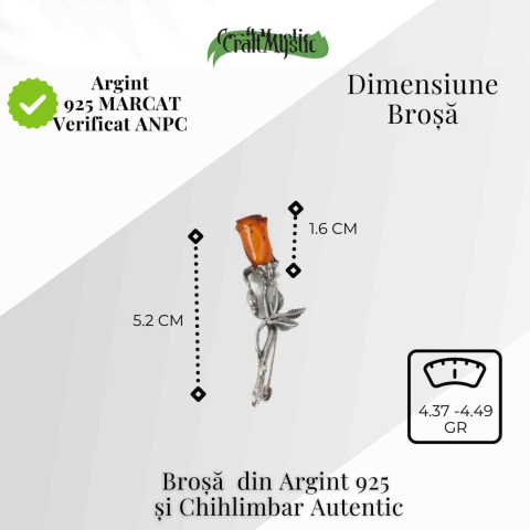 Brosa din argint 925 cu chihlimbar natural in forma de trandafir – lumina calda purtata cu gratie [3]