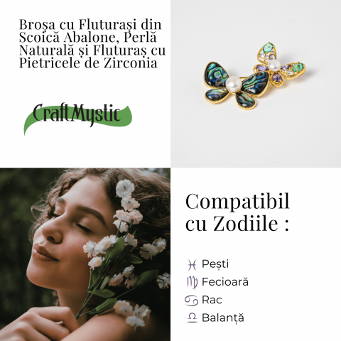 Brosa cu Fluturasi din Scoica Abalone, Perla Naturala si Fluturas cu Pietricele de Zirconia - Eleganta si Stralucire [4]