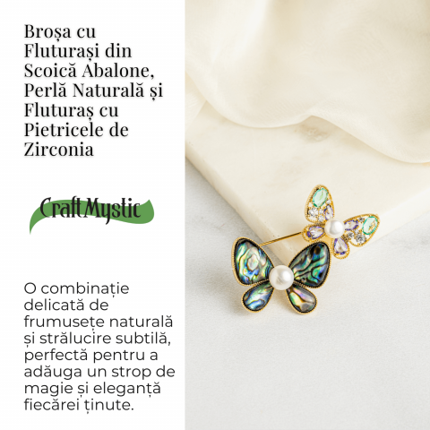 Brosa cu Fluturasi din Scoica Abalone, Perla Naturala si Fluturas cu Pietricele de Zirconia - Eleganta si Stralucire [2]