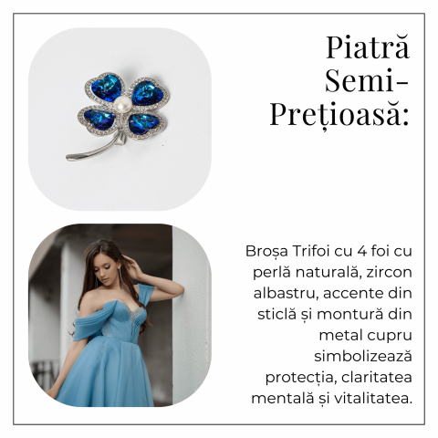 Brosa Trifoi cu 4 Foi cu Perla Naturala si Zircon Albastru - Simbol al Norocului [3]