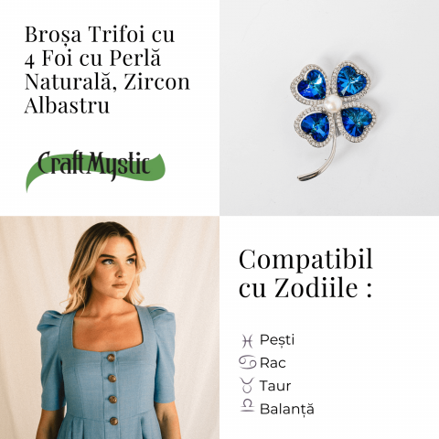Brosa Trifoi cu 4 Foi cu Perla Naturala si Zircon Albastru - Simbol al Norocului [4]