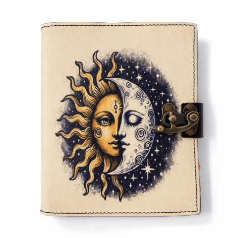 Jurnal Vintage din Piele – Soare si Luna, Hartie Bumbac, 190-200 Pagini [0]